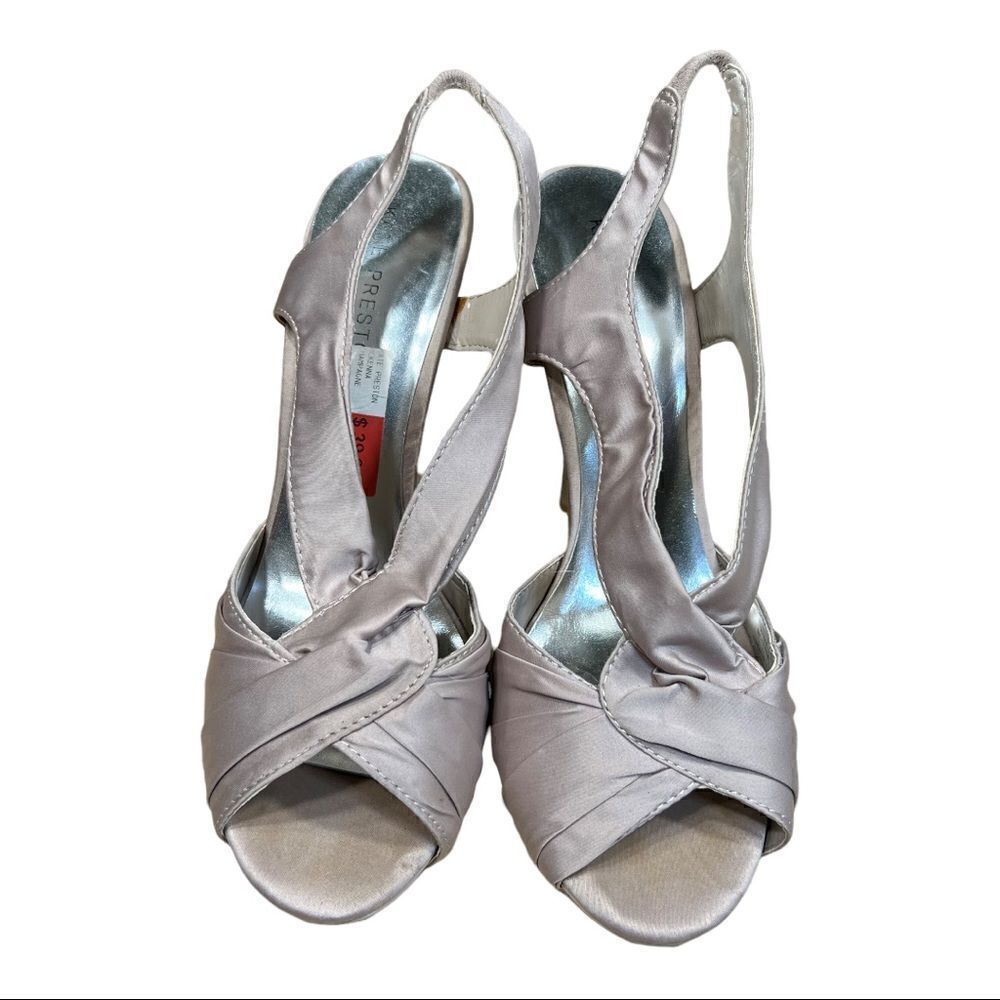 KATE PRESTON Sz 10 McKenna Taupe Fabric Stiletto Dress Sandals Heels - Picture 2 of 6